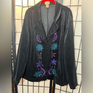 Choices Woman 3X Black Soft Mircro Corduroy Embroidered Flowers 3 Button Blazer